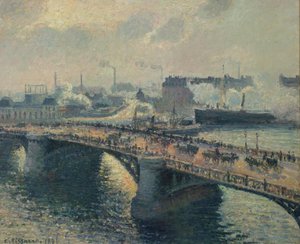 El Puente Boieldieu en Rouen, puesta de sol, tiempo brumoso de Camille Jacob Pissarro
